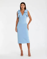 Blue Bow Strap Crepe Fitted Midi Dress